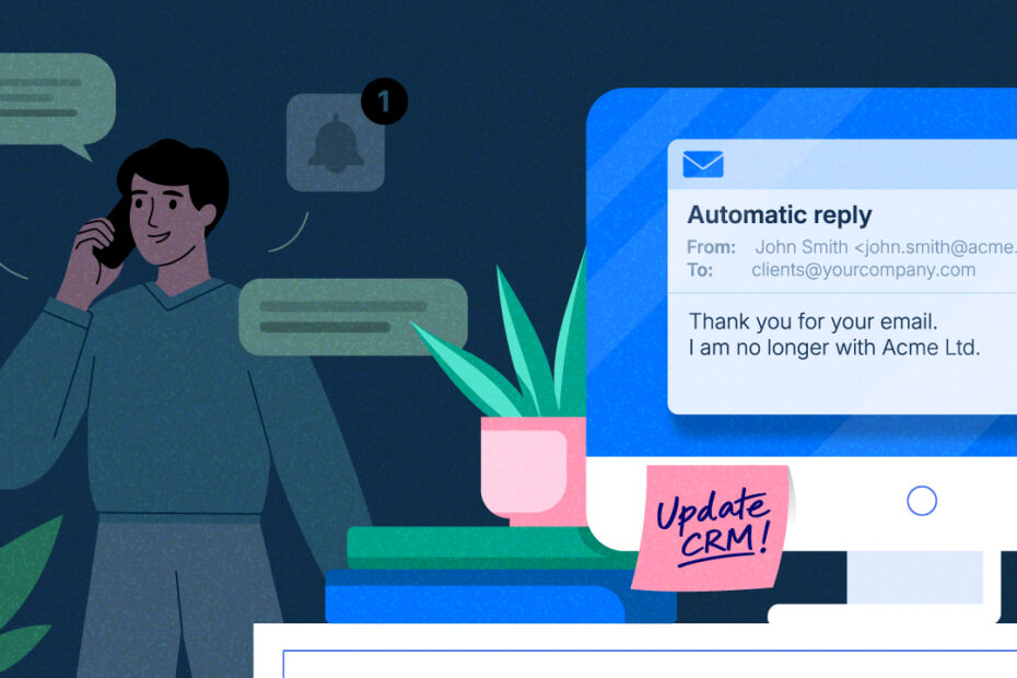 Sales rep handling a customer call while an automatic reply reveals outdated CRM contact data